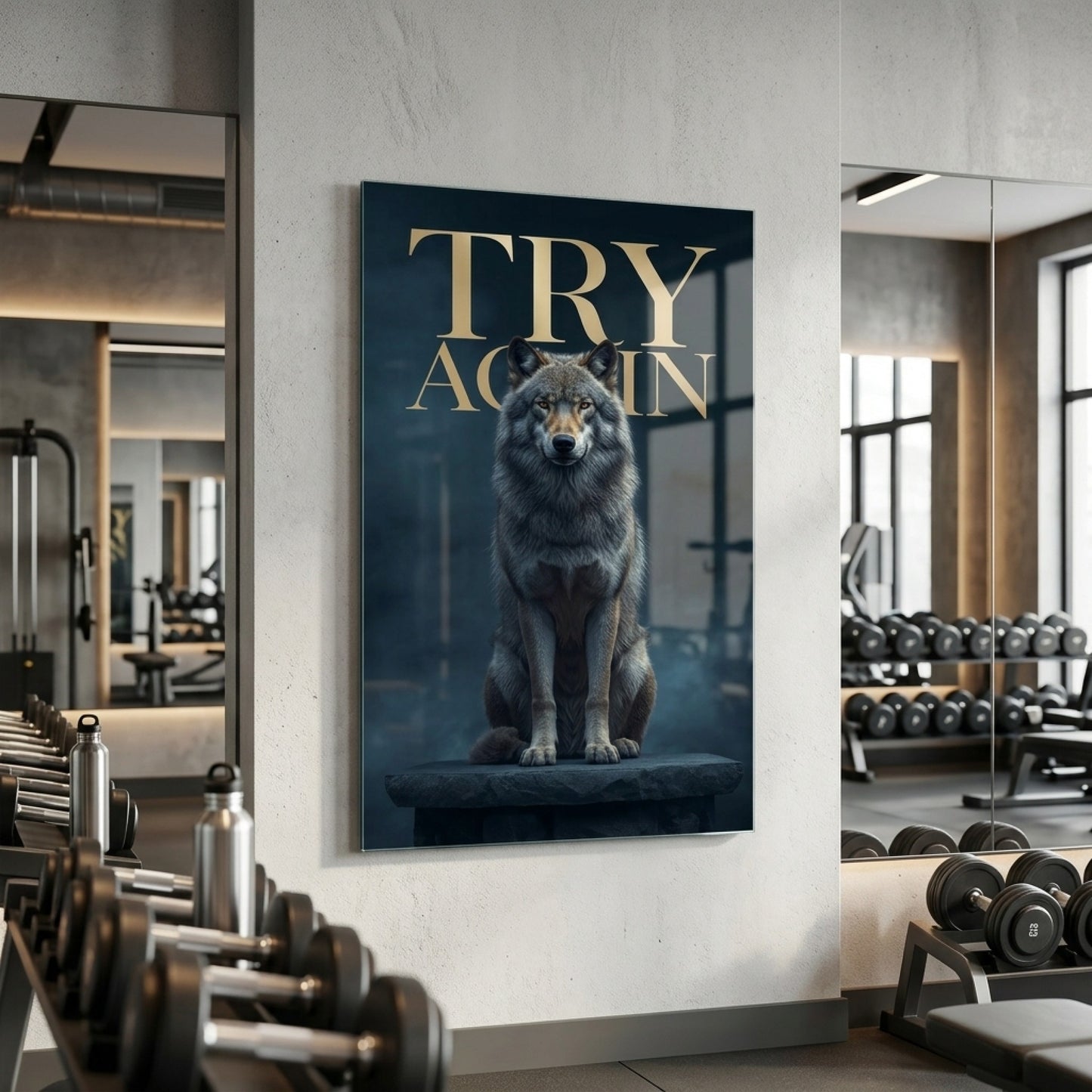 Karanlık Atmosferde Oturan Kurt Motivasyonel Yazılı Sanat Dikey Cam Tablo