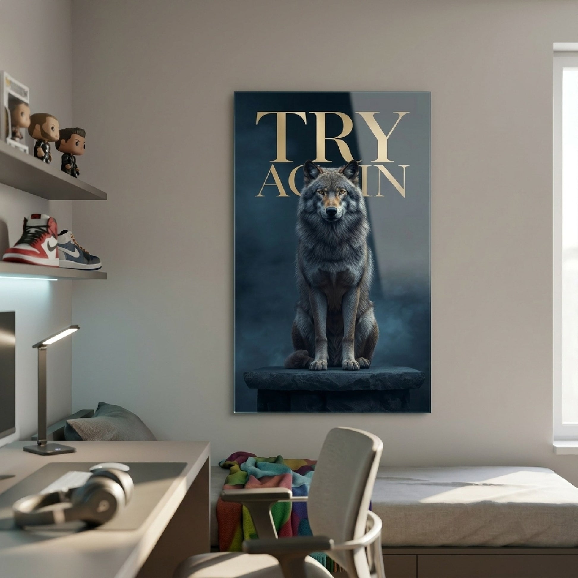 Karanlık Atmosferde Oturan Kurt Motivasyonel Yazılı Sanat Dikey Cam Tablo