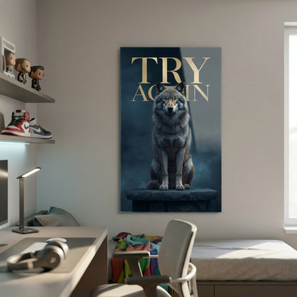 Karanlık Atmosferde Oturan Kurt Motivasyonel Yazılı Sanat Dikey Cam Tablo