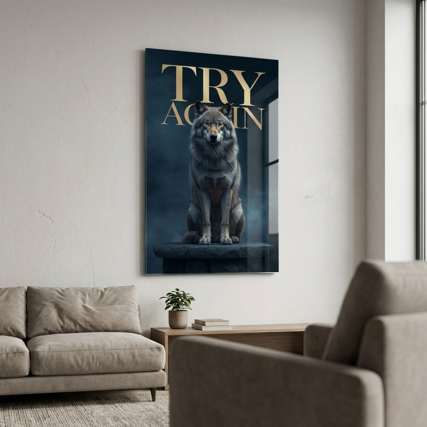 Karanlık Atmosferde Oturan Kurt Motivasyonel Yazılı Sanat Dikey Cam Tablo