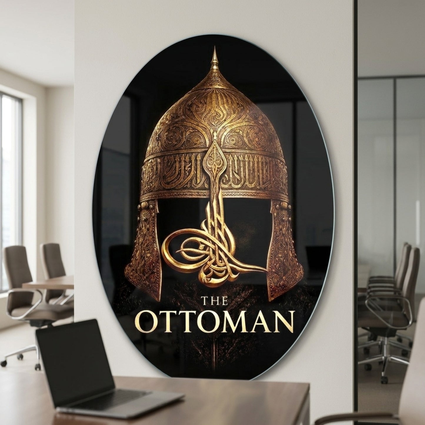 Osmanlı Miğferi ve Altın Tuğra Sanatı Oval Dikey Cam Tablo