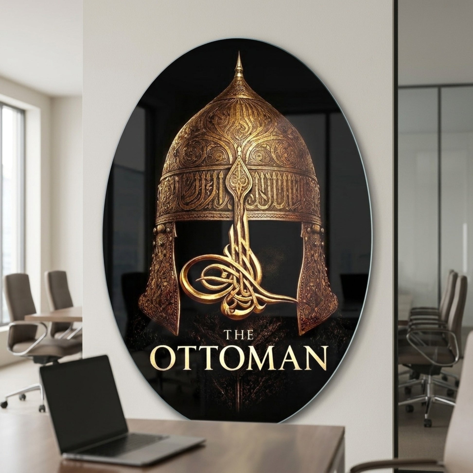Osmanlı Miğferi ve Altın Tuğra Sanatı Oval Dikey Cam Tablo