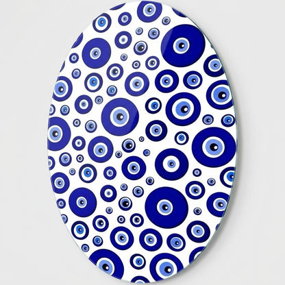 Modern Nazar Boncuğu Deseni Duvar Dekoru Oval Dikey Cam Tablo