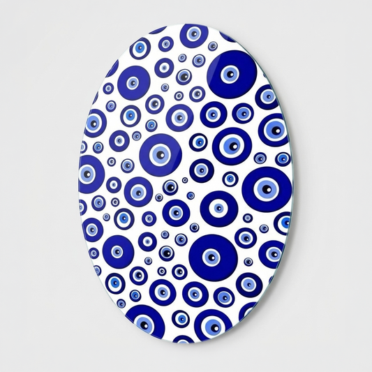 Modern Nazar Boncuğu Deseni Duvar Dekoru Oval Dikey Cam Tablo