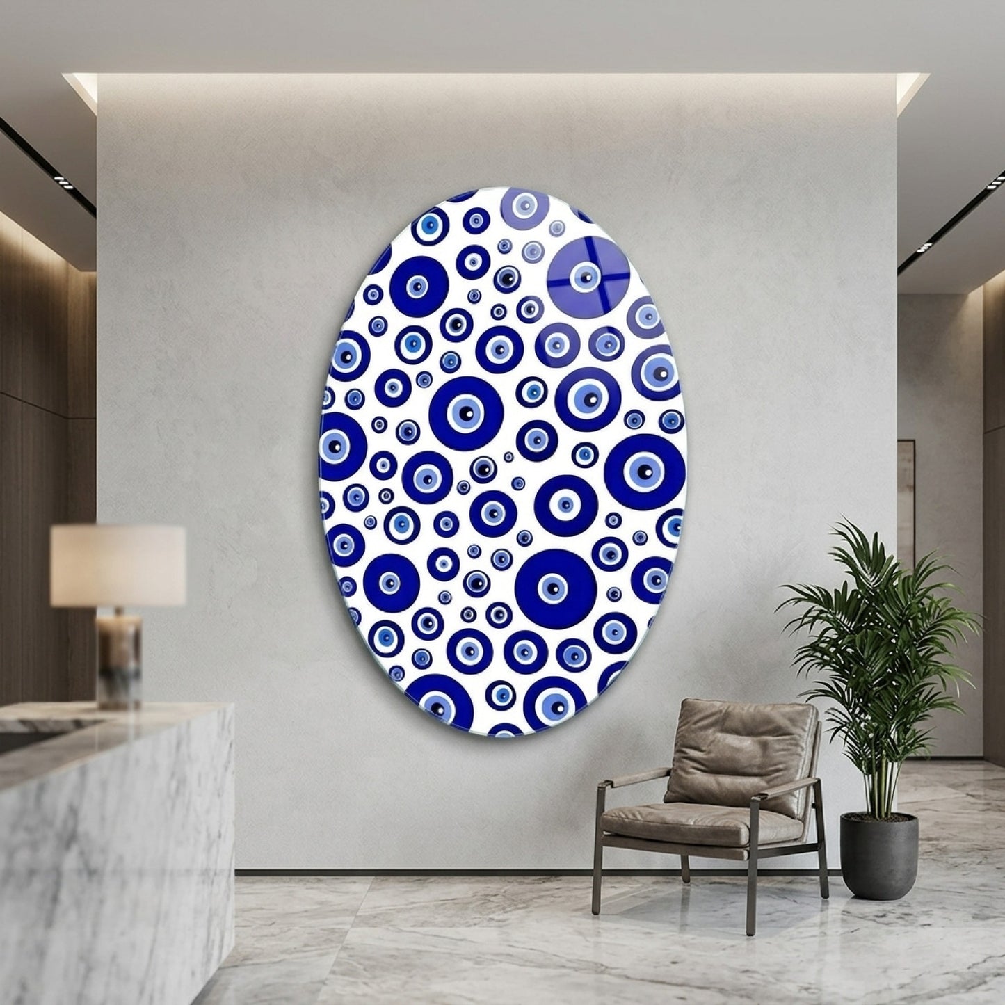 Modern Nazar Boncuğu Deseni Duvar Dekoru Oval Dikey Cam Tablo