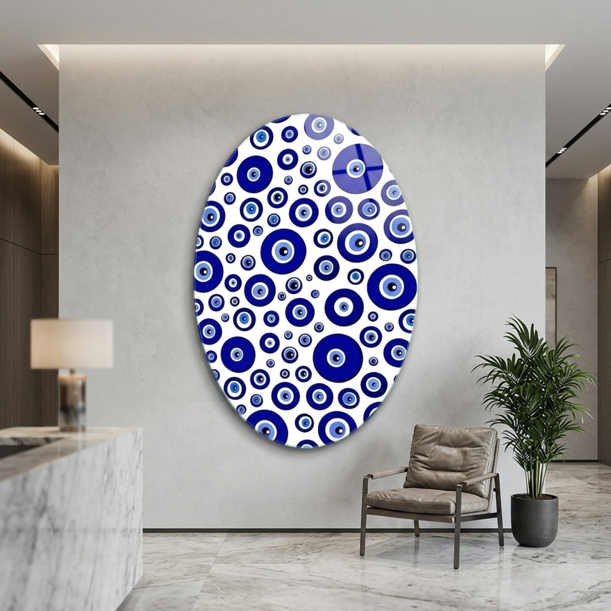Modern Nazar Boncuğu Deseni Duvar Dekoru Oval Dikey Cam Tablo