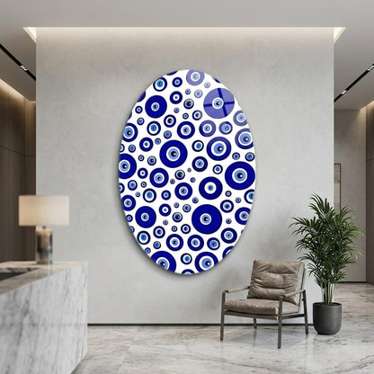 Modern Nazar Boncuğu Deseni Duvar Dekoru Oval Dikey Cam Tablo