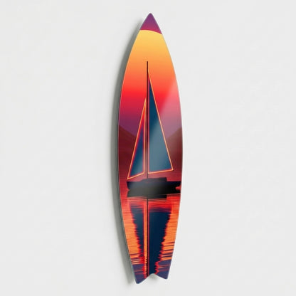 Modern Neon Yelkenli Gun Batimi Manzarasi Surf Board Cam Tablo
