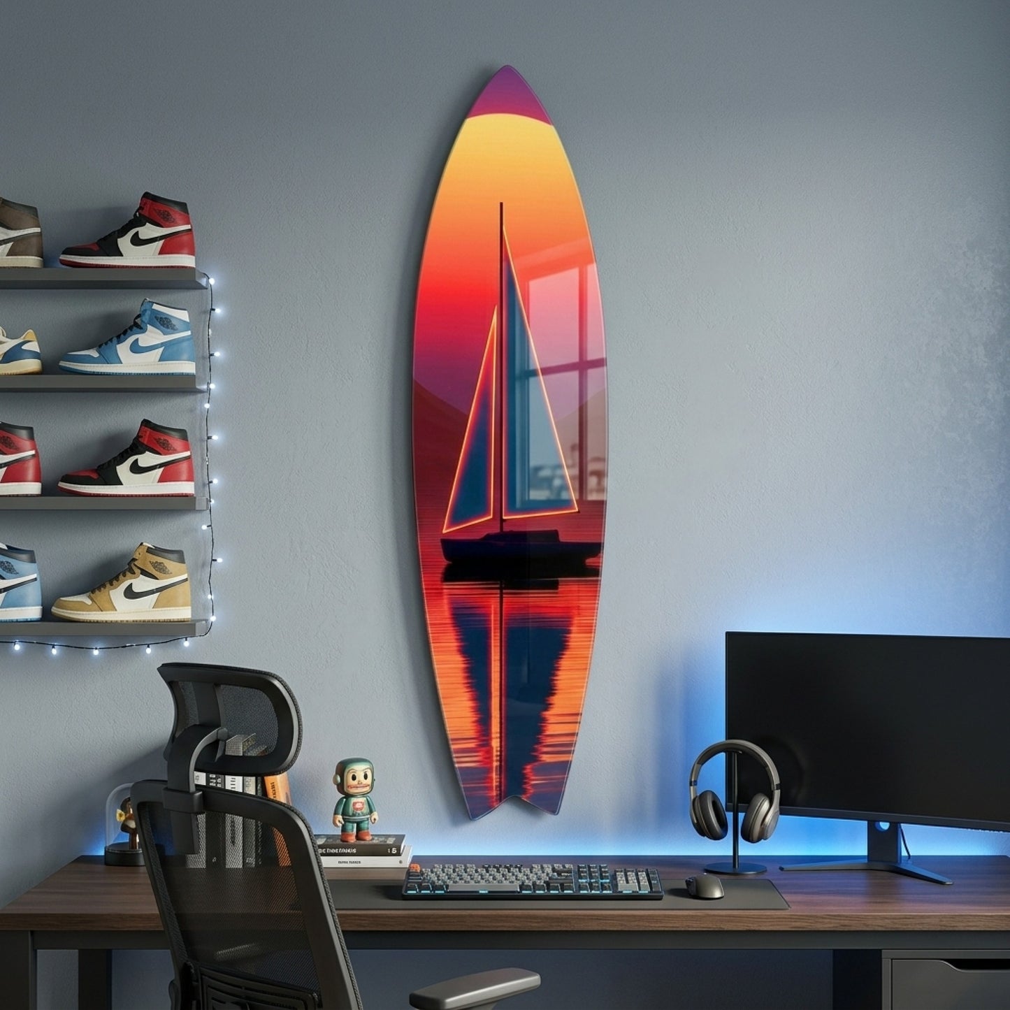 Modern Neon Yelkenli Gun Batimi Manzarasi Surf Board Cam Tablo