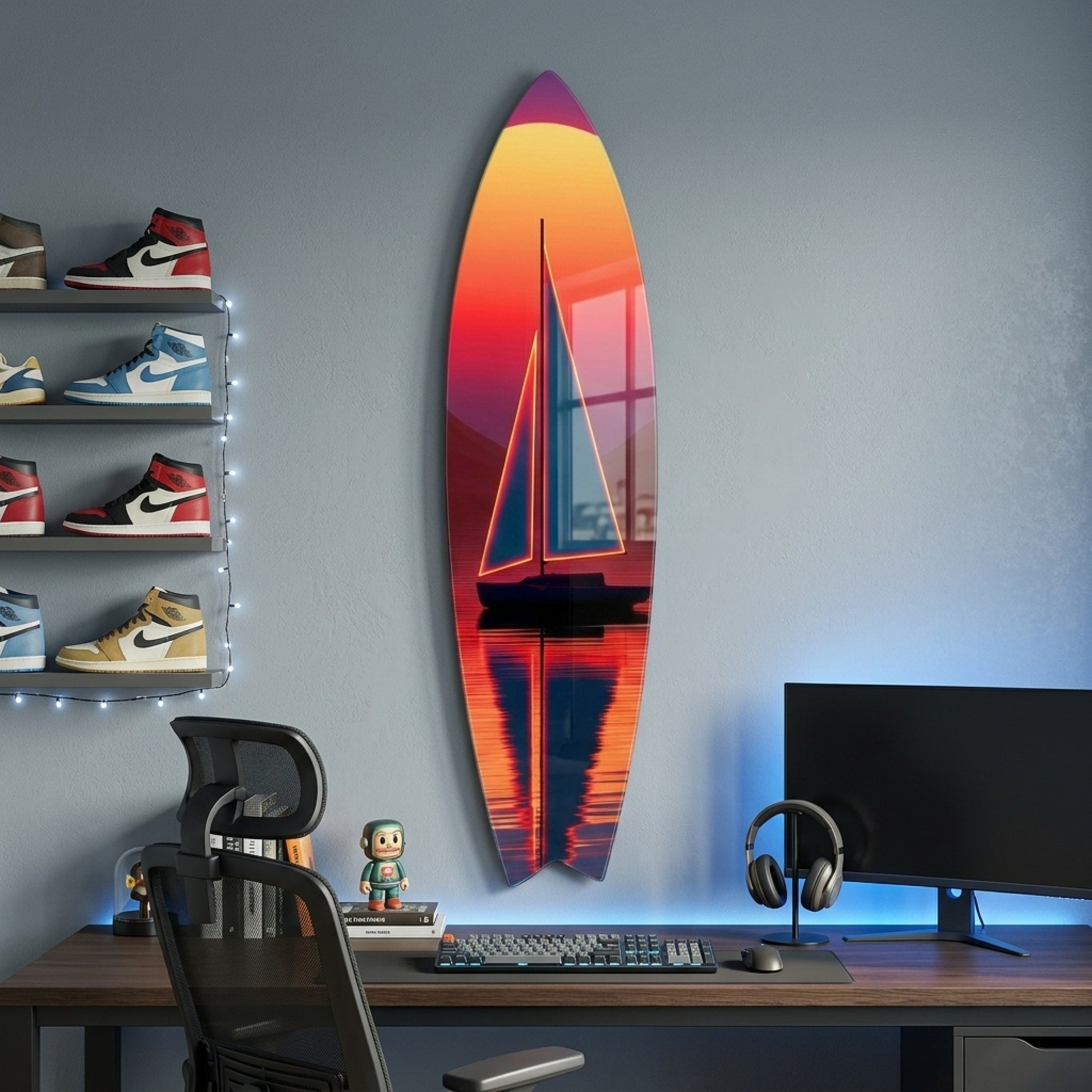 Modern Neon Yelkenli Gun Batimi Manzarasi Surf Board Cam Tablo