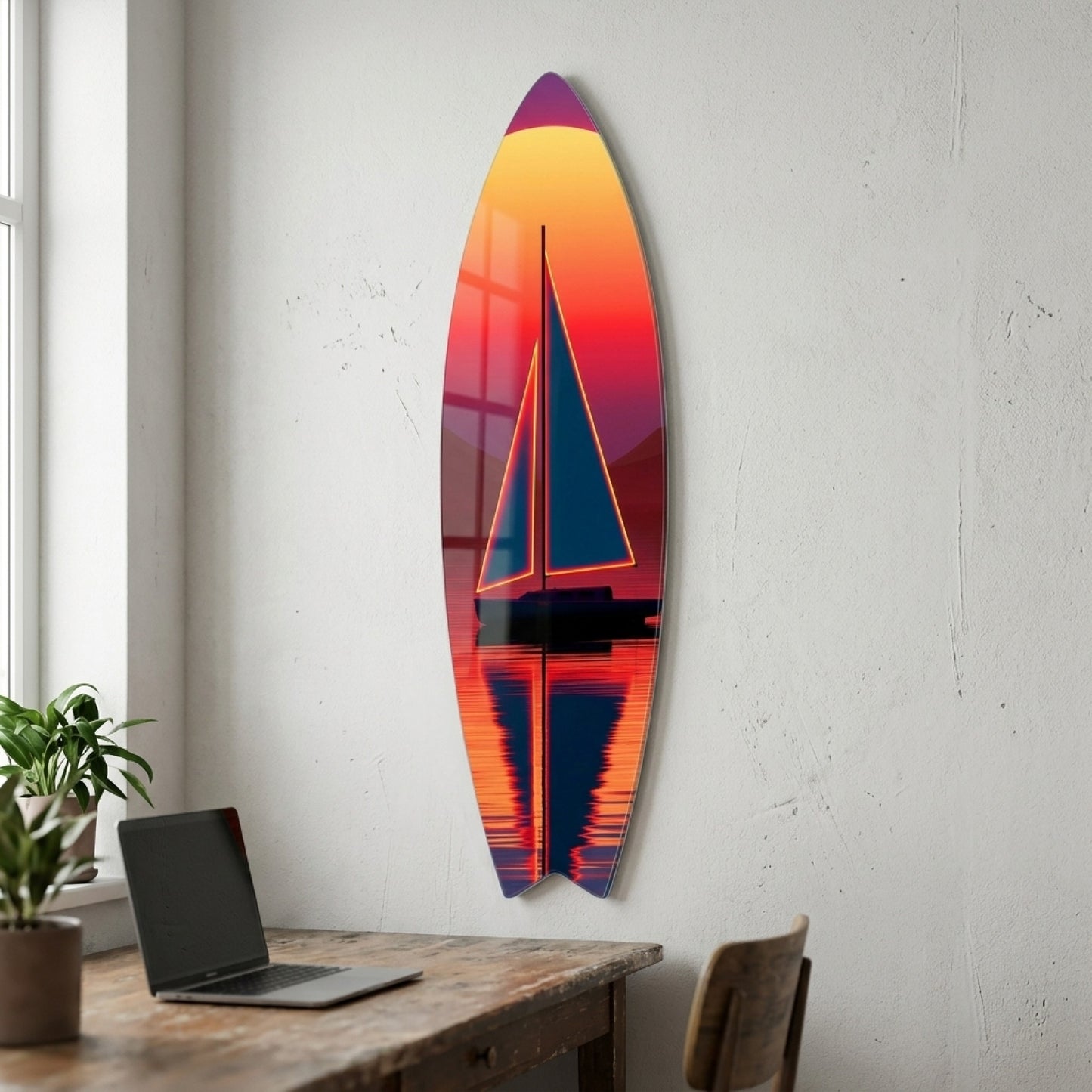 Modern Neon Yelkenli Gun Batimi Manzarasi Surf Board Cam Tablo