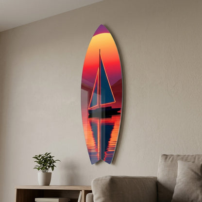 Modern Neon Yelkenli Gun Batimi Manzarasi Surf Board Cam Tablo