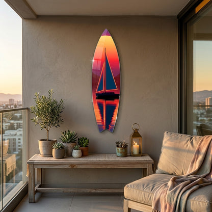 Modern Neon Yelkenli Gun Batimi Manzarasi Surf Board Cam Tablo
