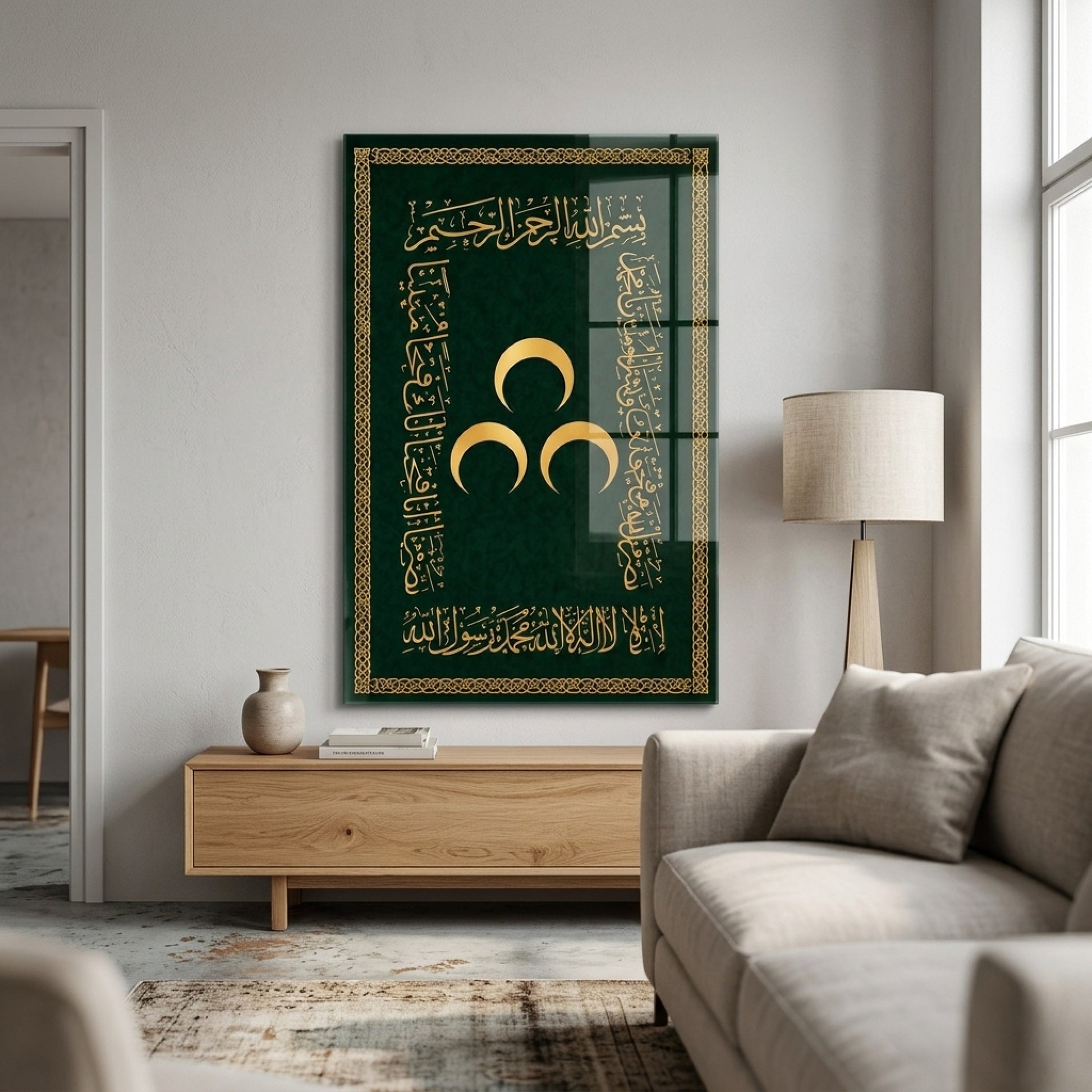Osmanlı Üç Hilal Altın Tonlu Hat Dikey Cam Tablo