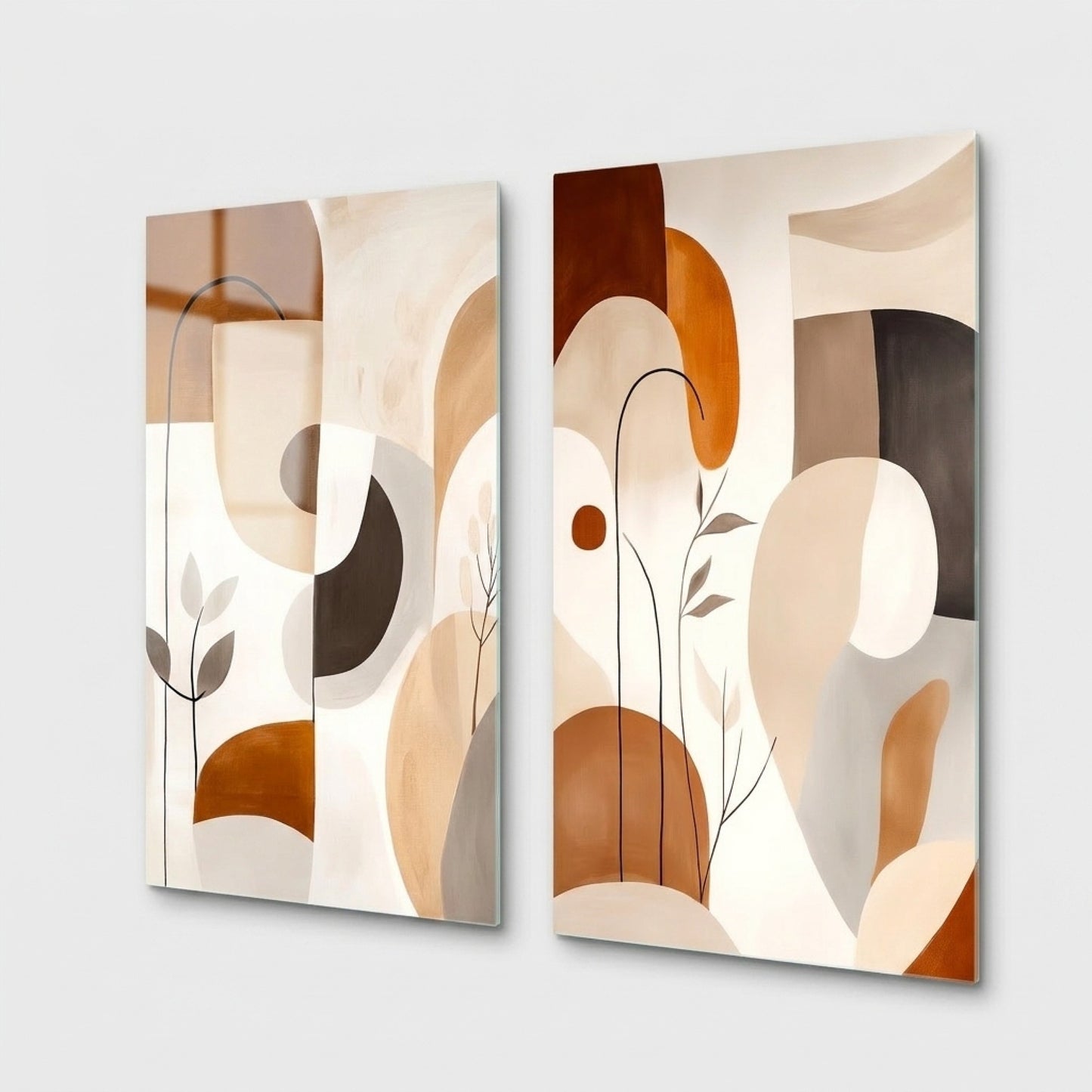Modern Soyut Botanik Geometrik İkili Panel Dikey 2'li Set Cam Tablo