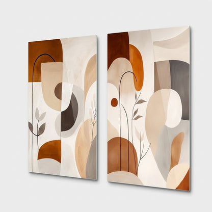 Modern Soyut Botanik Geometrik İkili Panel Dikey 2'li Set Cam Tablo