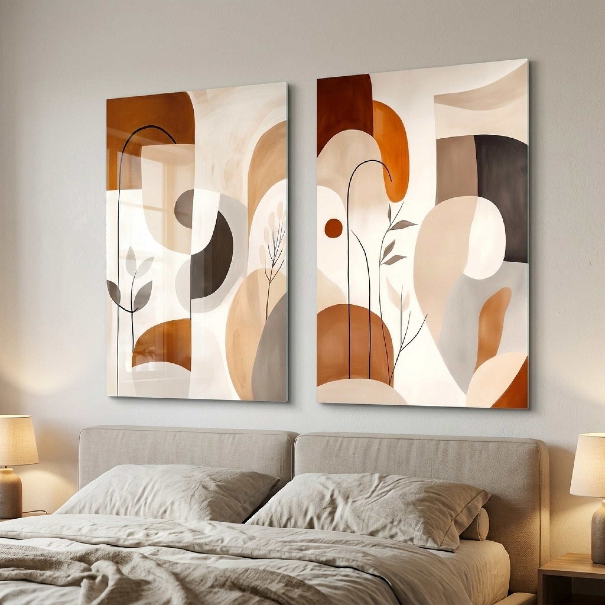 Modern Soyut Botanik Geometrik İkili Panel Dikey 2'li Set Cam Tablo