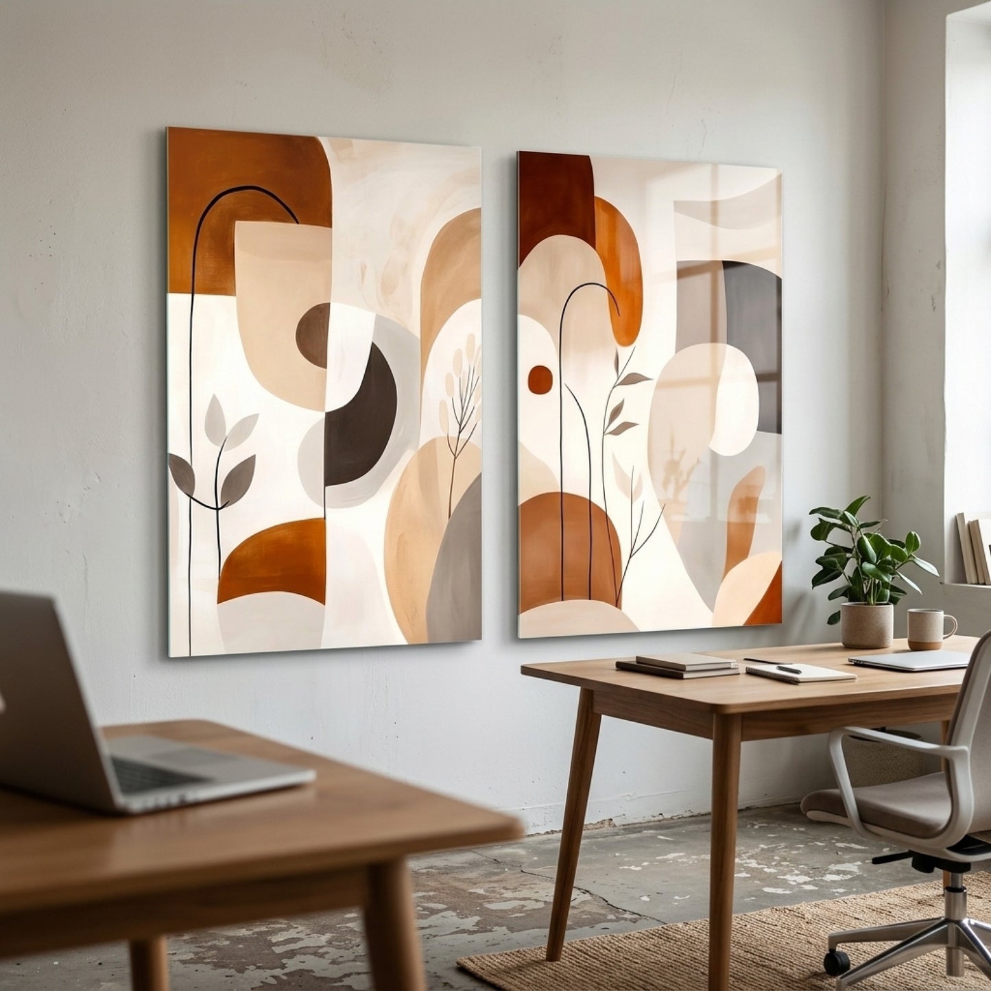 Modern Soyut Botanik Geometrik İkili Panel Dikey 2'li Set Cam Tablo