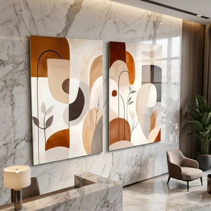Modern Soyut Botanik Geometrik İkili Panel Dikey 2'li Set Cam Tablo
