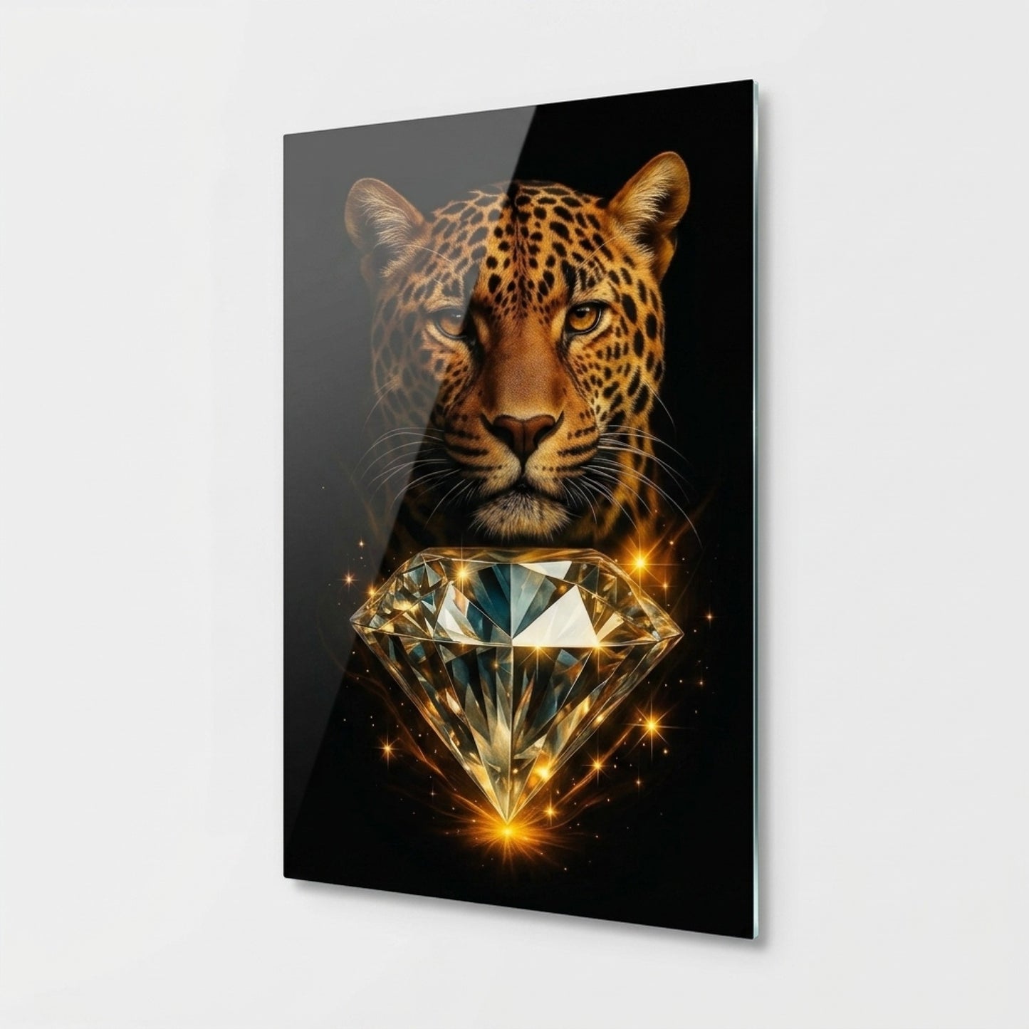 Leopar Portresi ve Büyük Elmas Dikey Cam Tablo