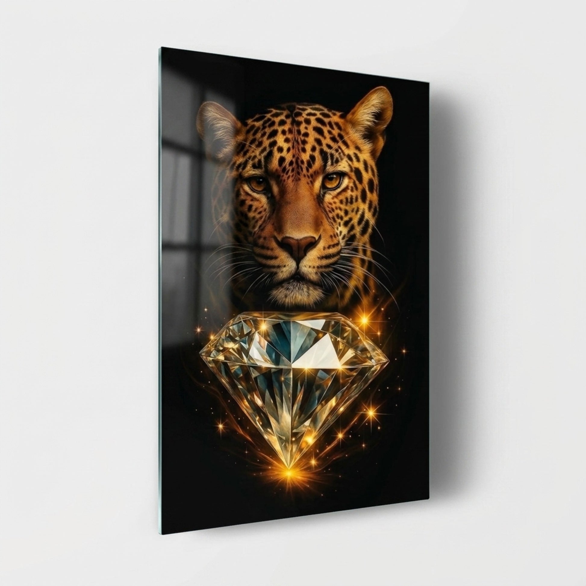 Leopar Portresi ve Büyük Elmas Dikey Cam Tablo