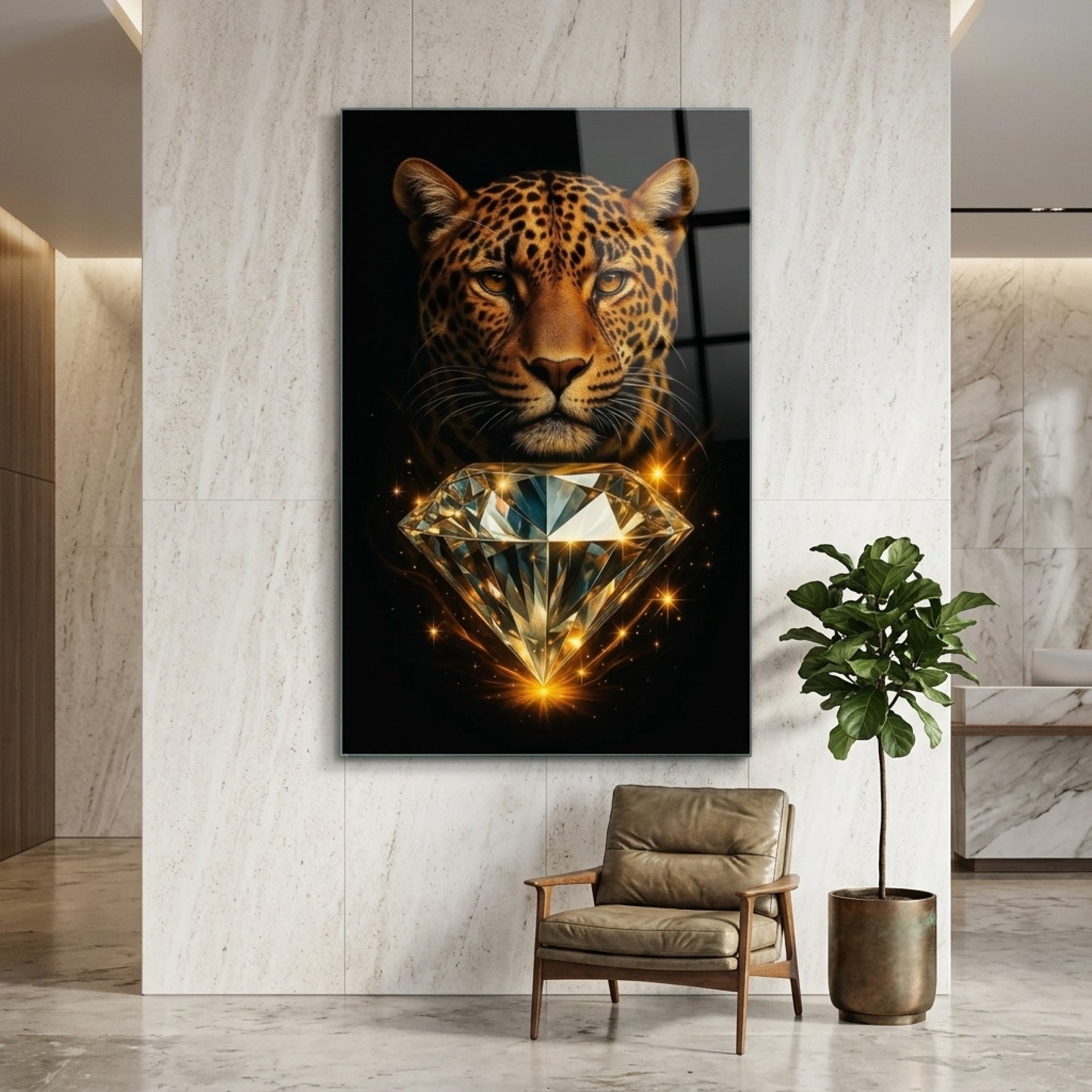 Leopar Portresi ve Büyük Elmas Dikey Cam Tablo