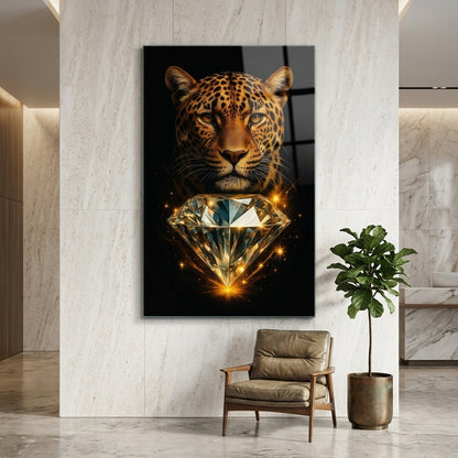 Leopar Portresi ve Büyük Elmas Dikey Cam Tablo