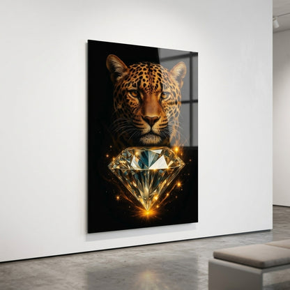 Leopar Portresi ve Büyük Elmas Dikey Cam Tablo