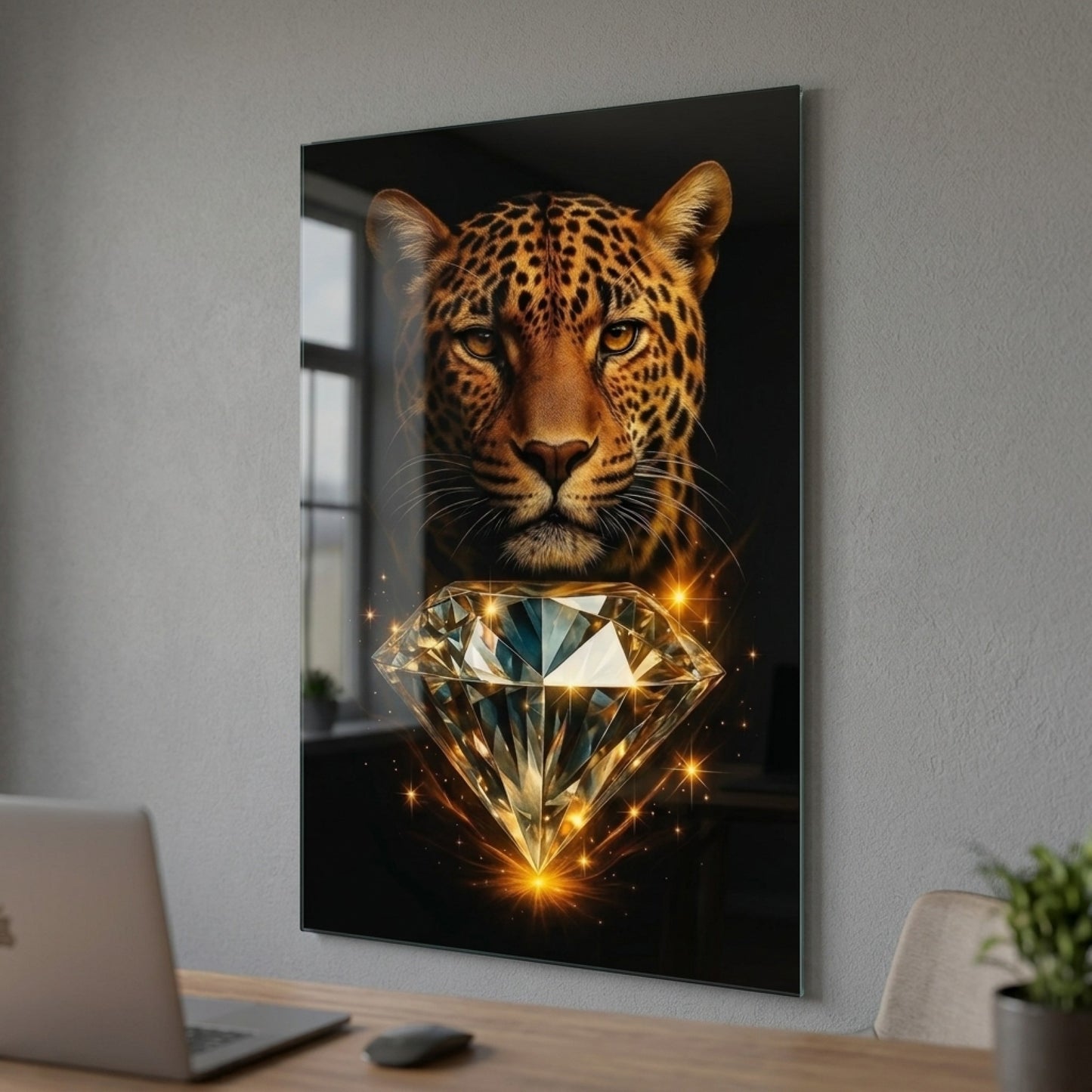 Leopar Portresi ve Büyük Elmas Dikey Cam Tablo