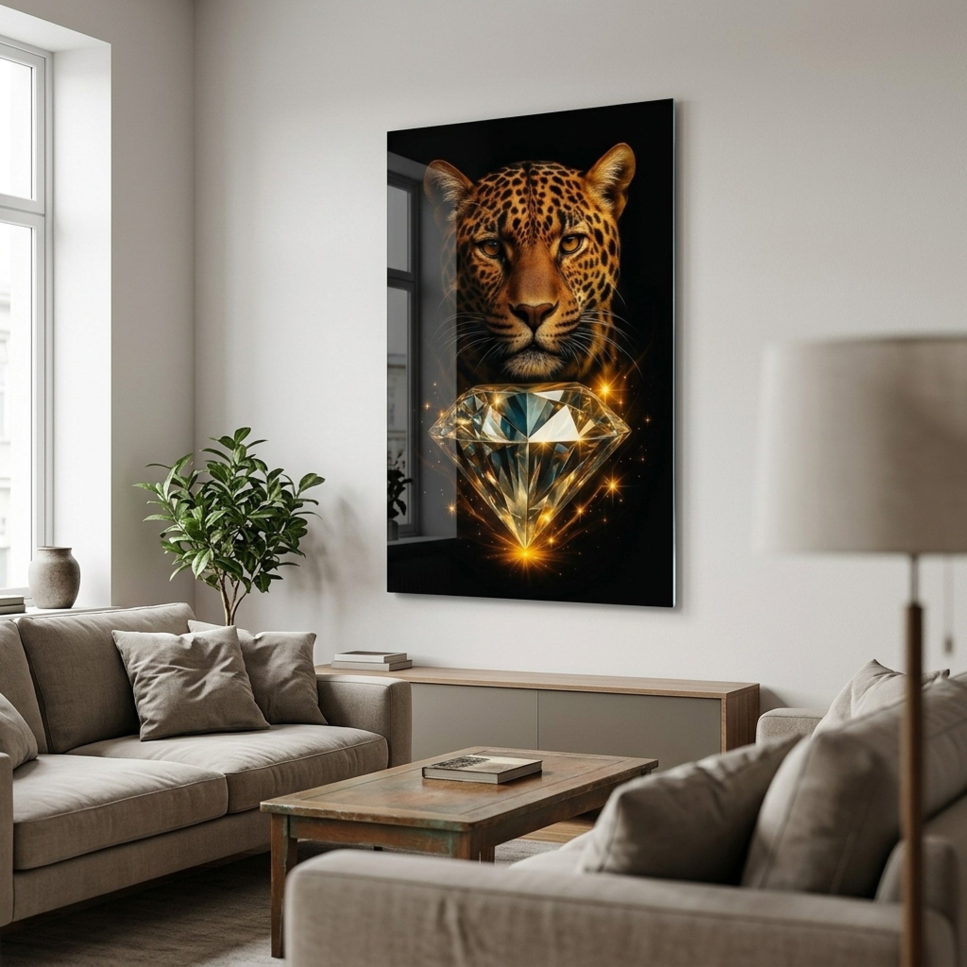 Leopar Portresi ve Büyük Elmas Dikey Cam Tablo