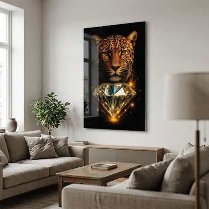 Leopar Portresi ve Büyük Elmas Dikey Cam Tablo