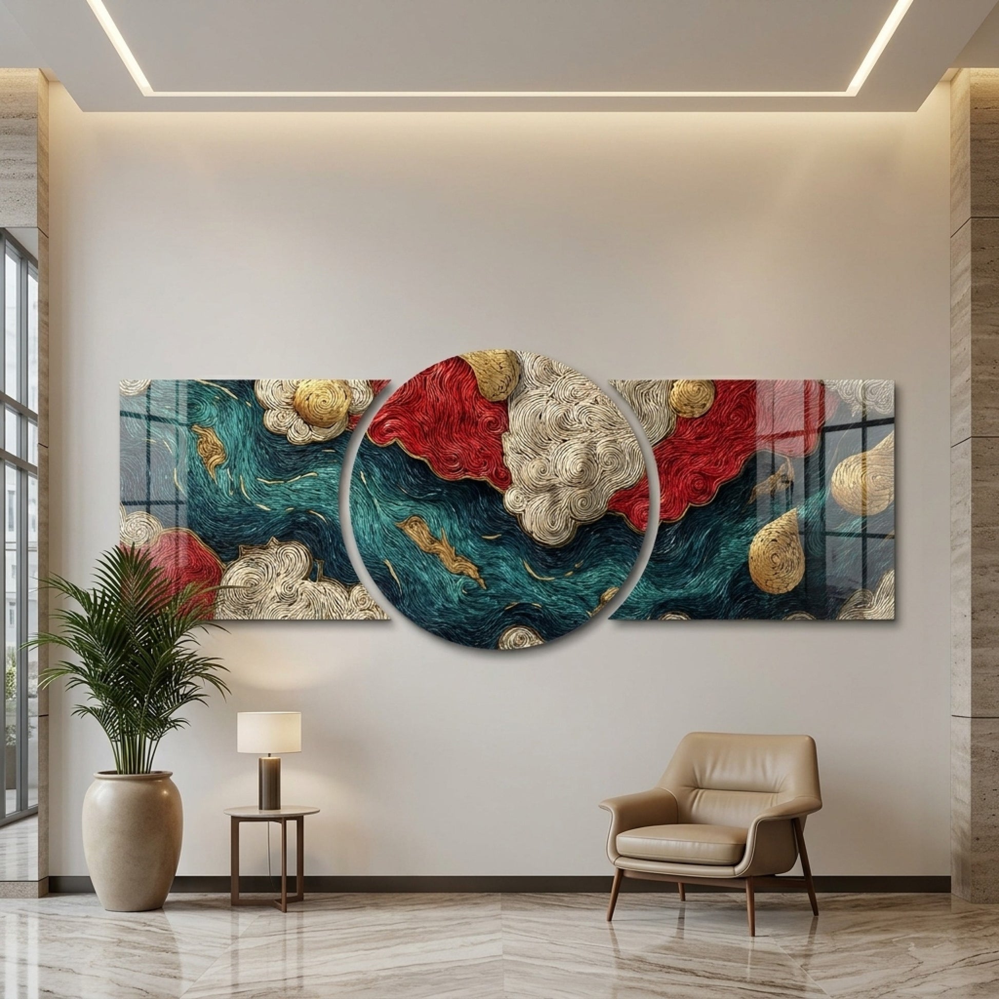 Etnik Bulut Desenli Modern Şekilli Kesim Cam Tablo