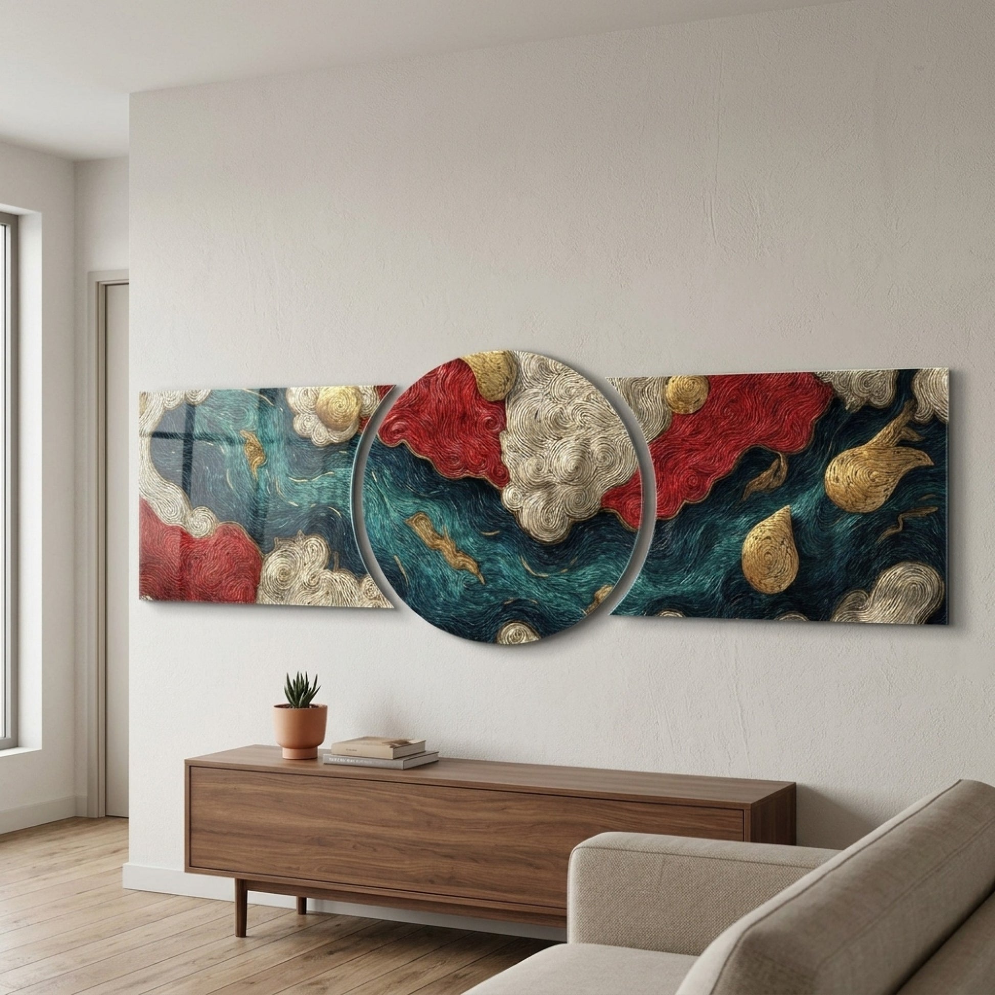 Etnik Bulut Desenli Modern Şekilli Kesim Cam Tablo