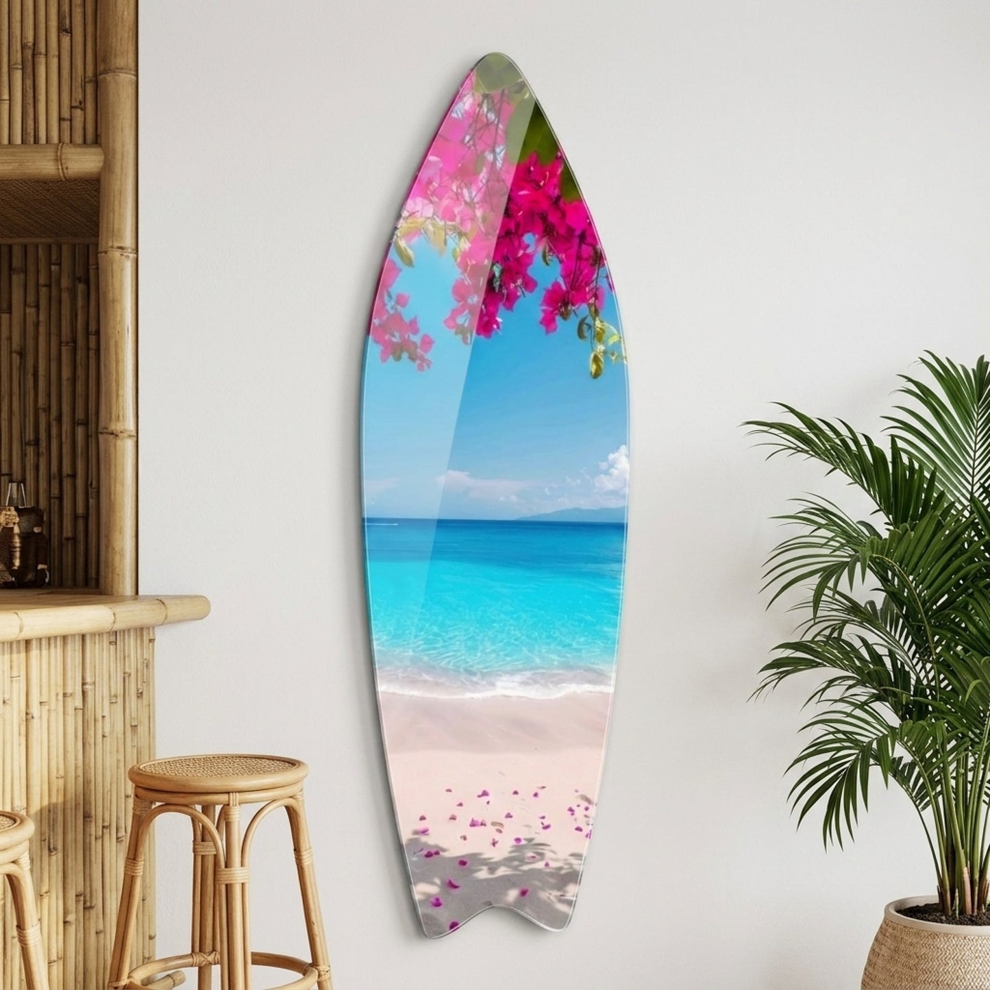 Begonvil Çiçekleri Altında Turkuaz Plaj Manzarası Surf Board Cam Tablo