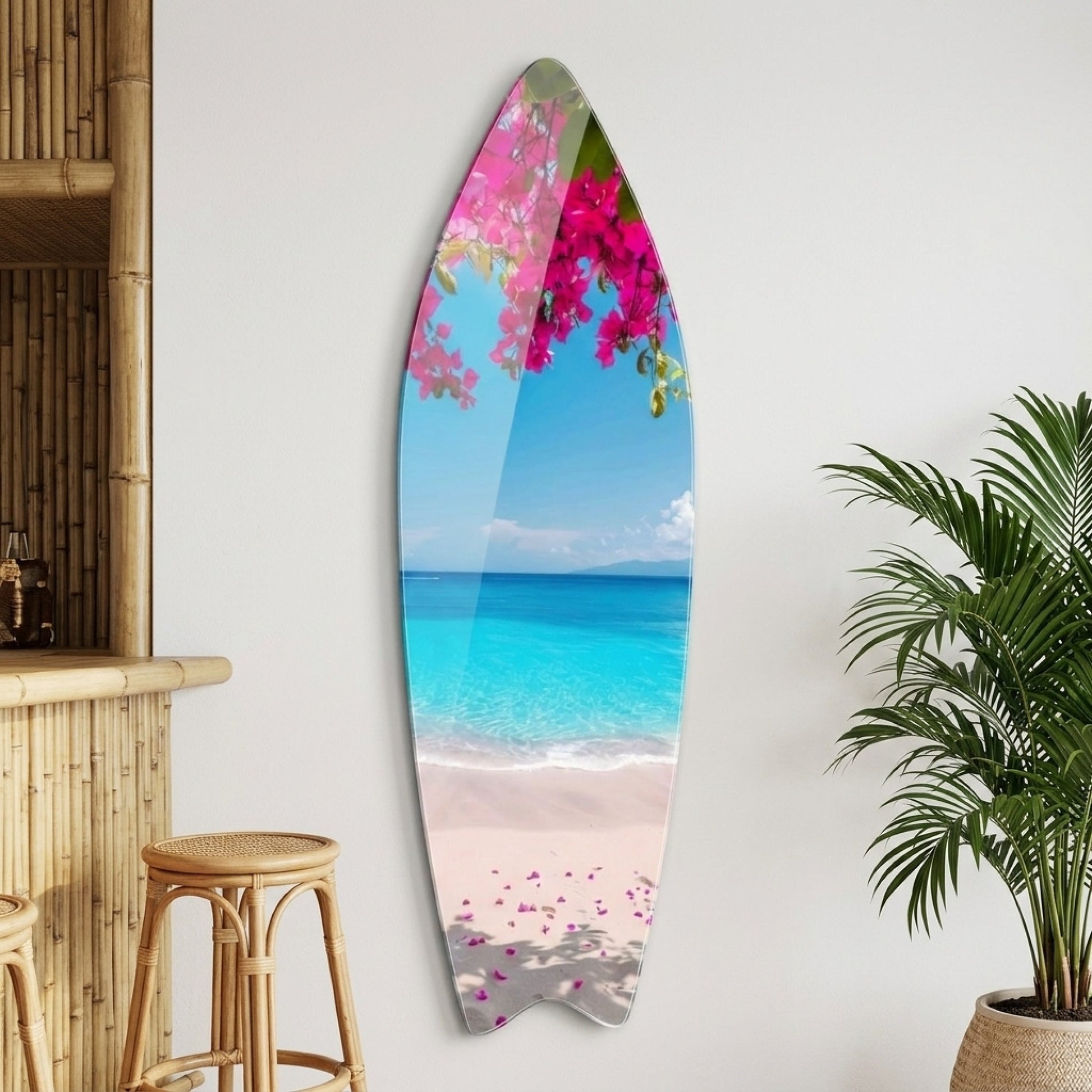 Begonvil Çiçekleri Altında Turkuaz Plaj Manzarası Surf Board Cam Tablo