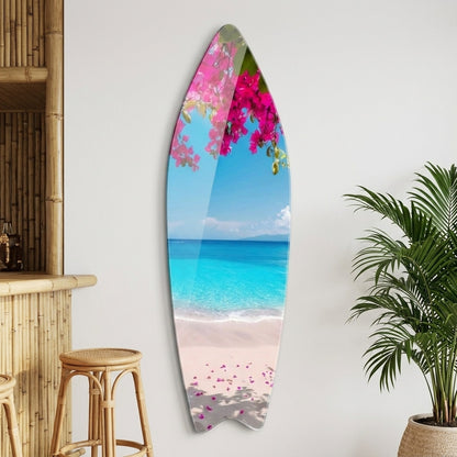Begonvil Çiçekleri Altında Turkuaz Plaj Manzarası Surf Board Cam Tablo