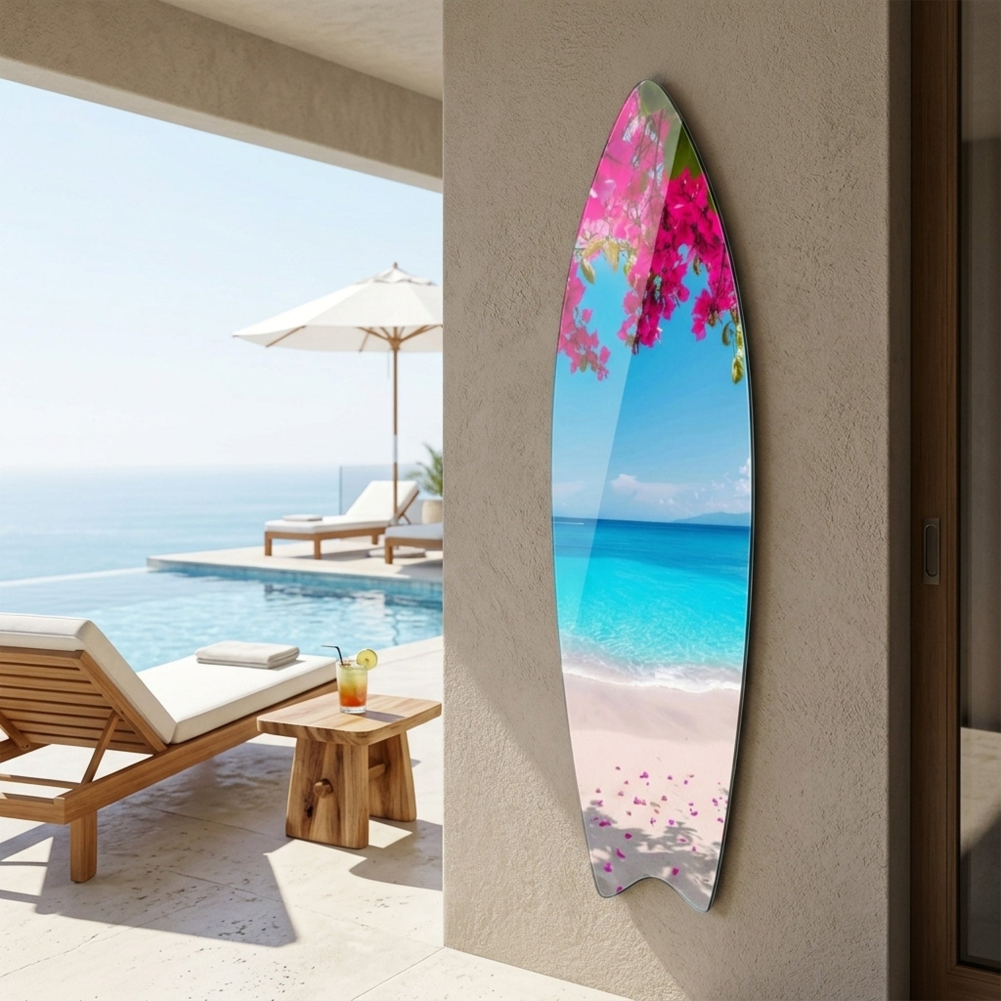 Begonvil Çiçekleri Altında Turkuaz Plaj Manzarası Surf Board Cam Tablo