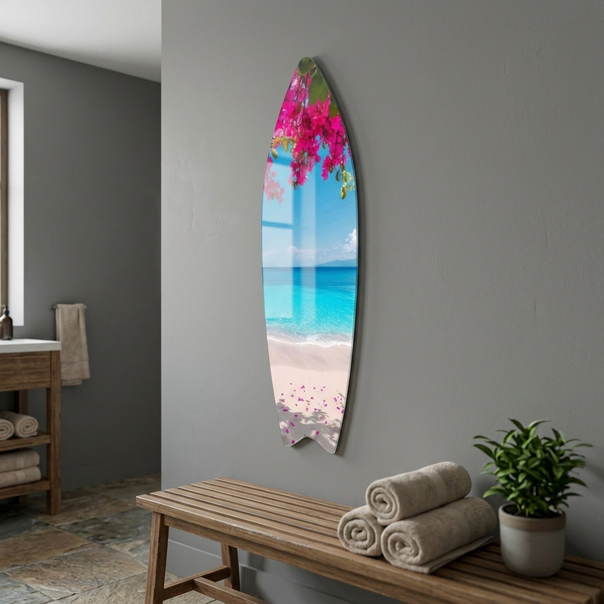 Begonvil Çiçekleri Altında Turkuaz Plaj Manzarası Surf Board Cam Tablo
