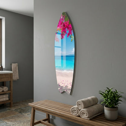 Begonvil Çiçekleri Altında Turkuaz Plaj Manzarası Surf Board Cam Tablo