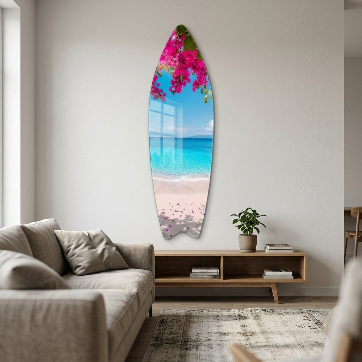 Begonvil Çiçekleri Altında Turkuaz Plaj Manzarası Surf Board Cam Tablo