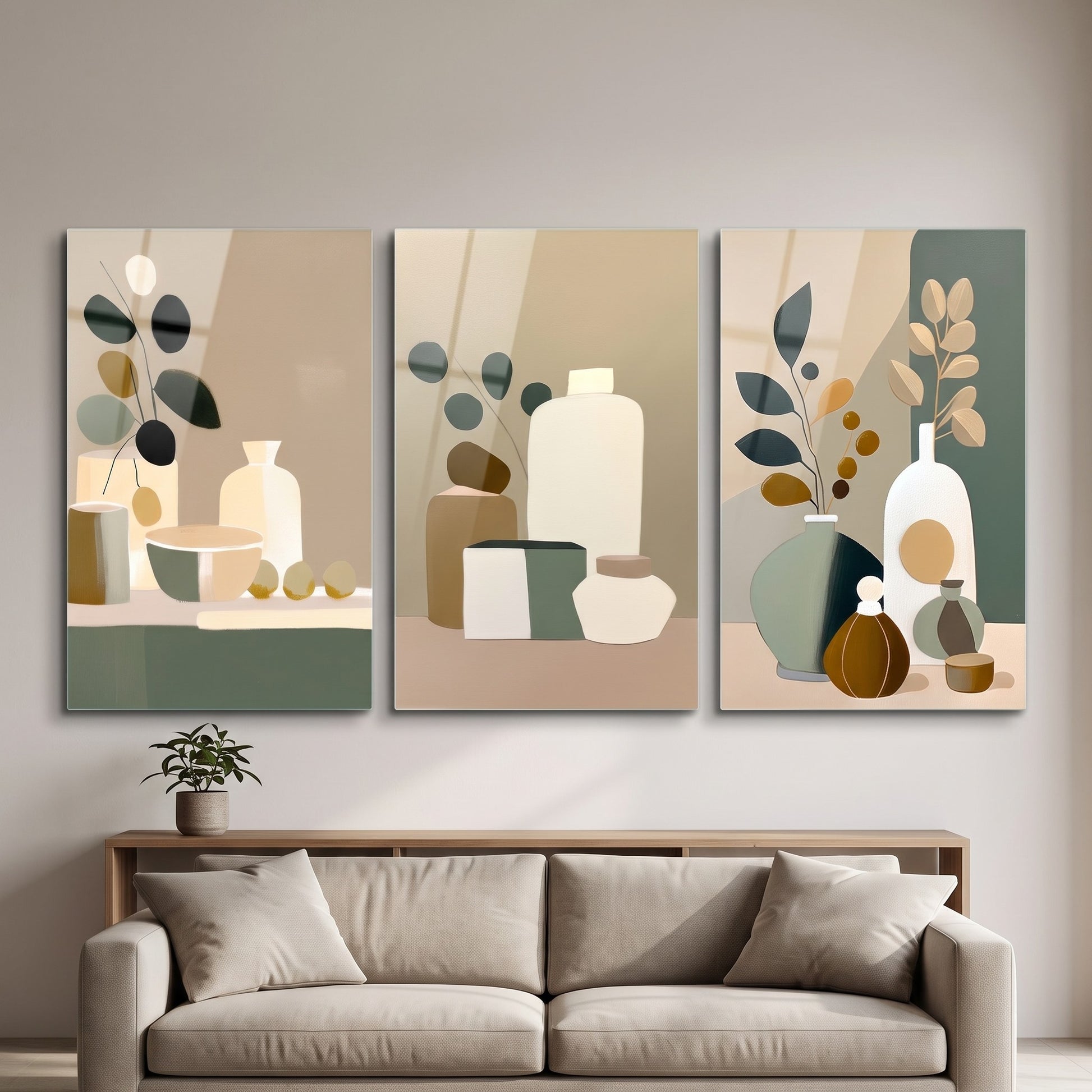 Minimalist Natürmort Botanik 3 Parçalı Seti Dikey 3'lü Set Cam Tablo