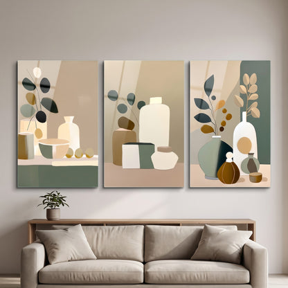 Minimalist Natürmort Botanik 3 Parçalı Seti Dikey 3'lü Set Cam Tablo