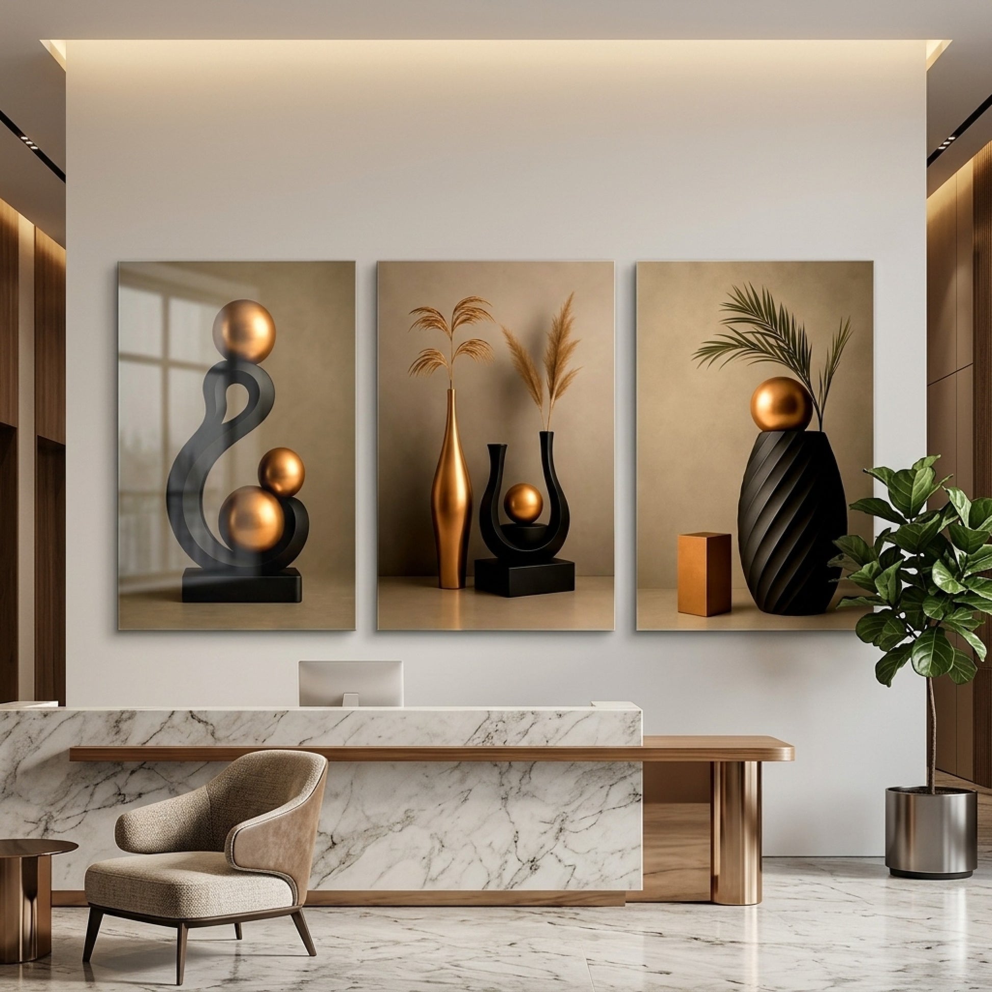Modern Siyah Altın Heykel Cam Dikey 3'lü Set Cam Tablo