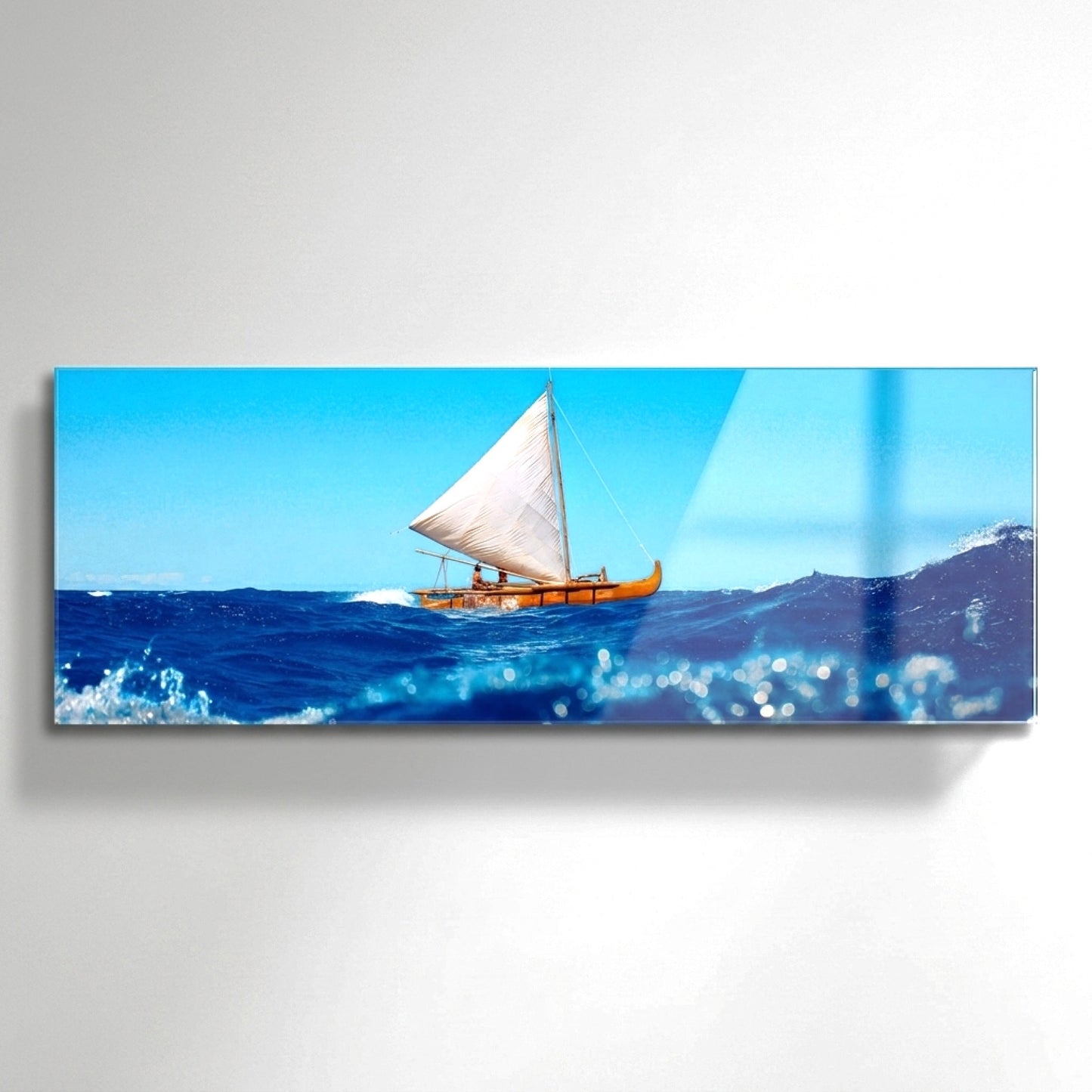 Tropik Mavi Deniz Yelkenli Panoramik Yatay Cam Tablo