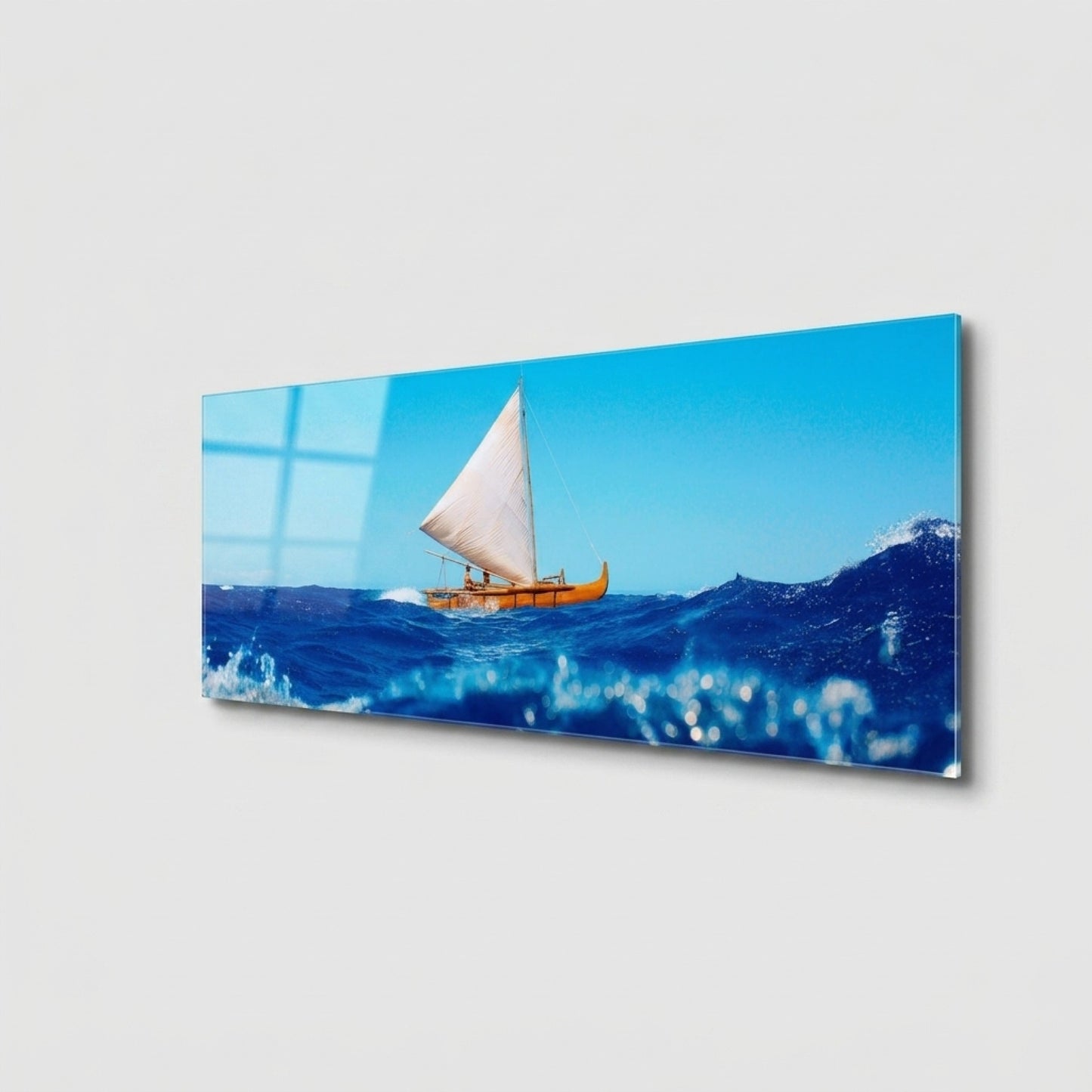 Tropik Mavi Deniz Yelkenli Panoramik Yatay Cam Tablo