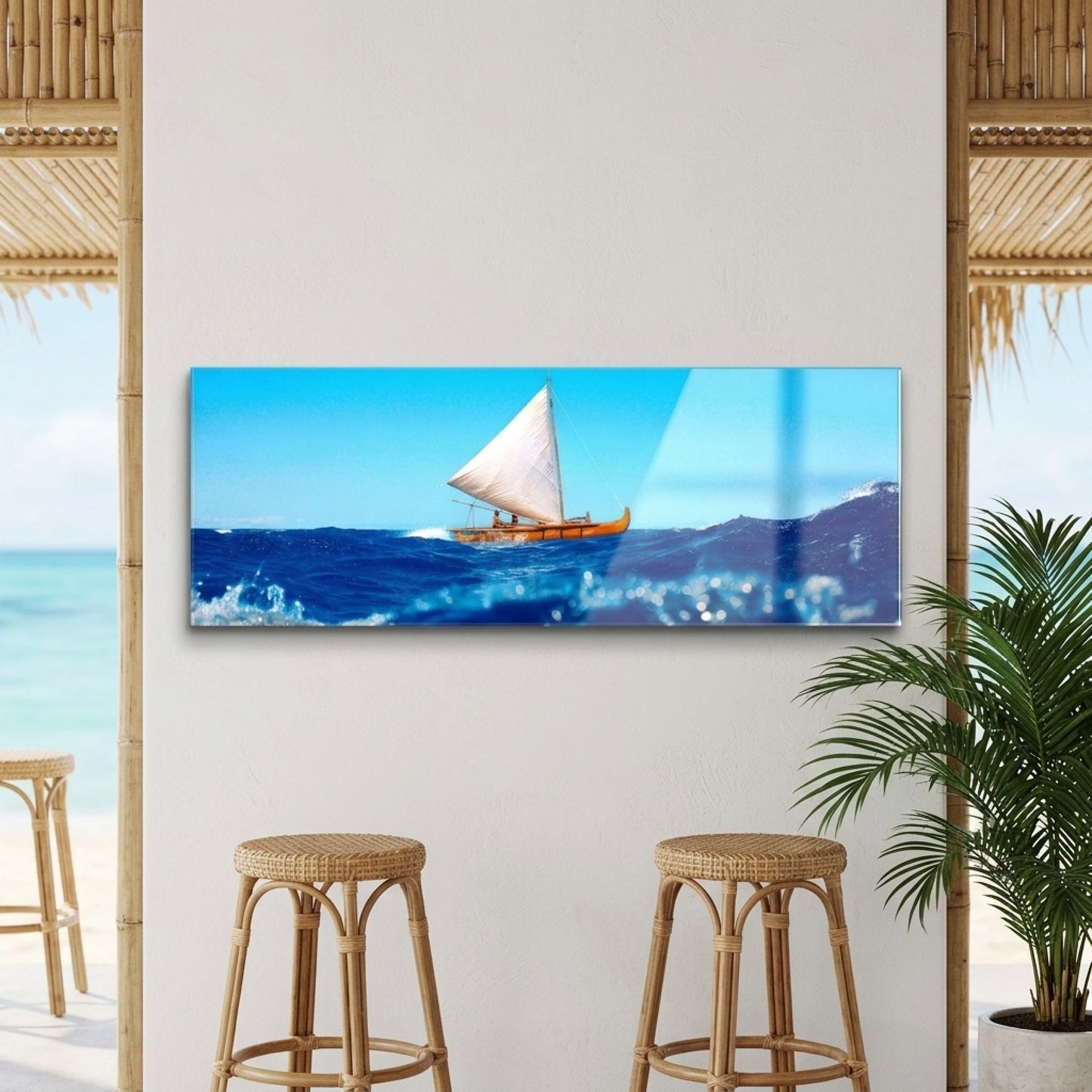 Tropik Mavi Deniz Yelkenli Panoramik Yatay Cam Tablo