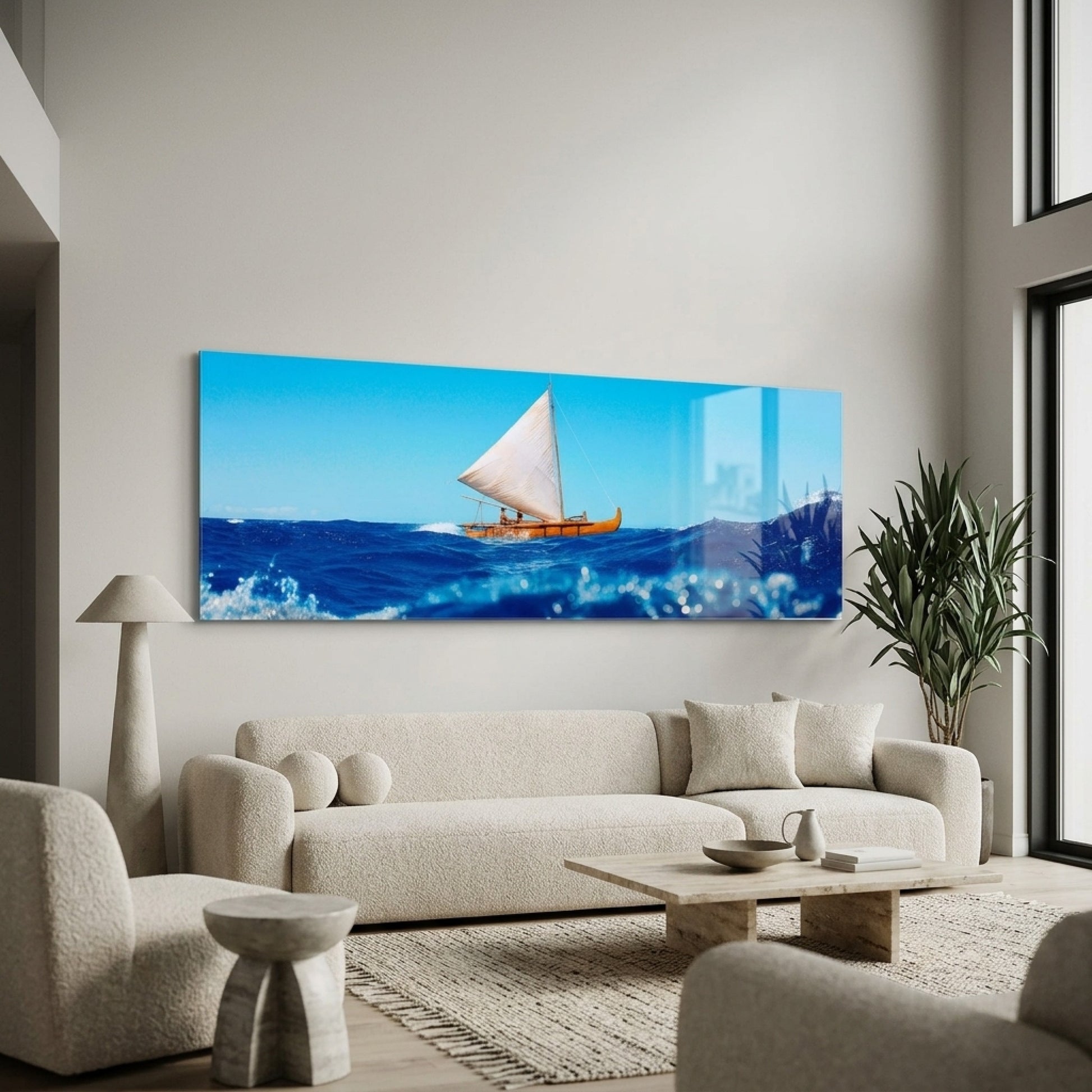 Tropik Mavi Deniz Yelkenli Panoramik Yatay Cam Tablo