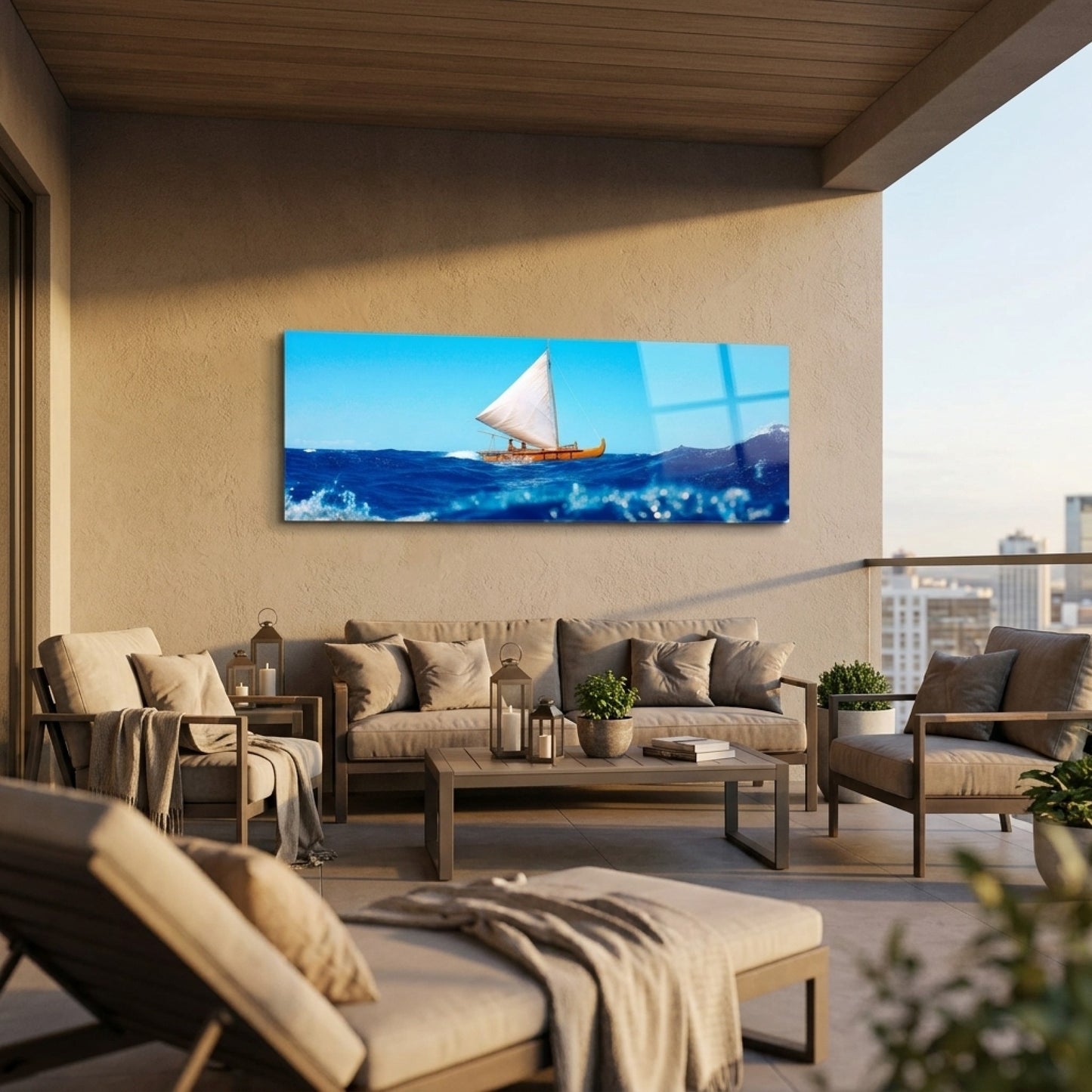 Tropik Mavi Deniz Yelkenli Panoramik Yatay Cam Tablo