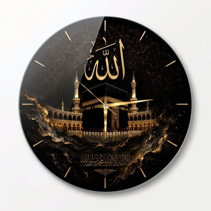 Kabe ve Allah Yazılı Siyah Altın Cam Saat