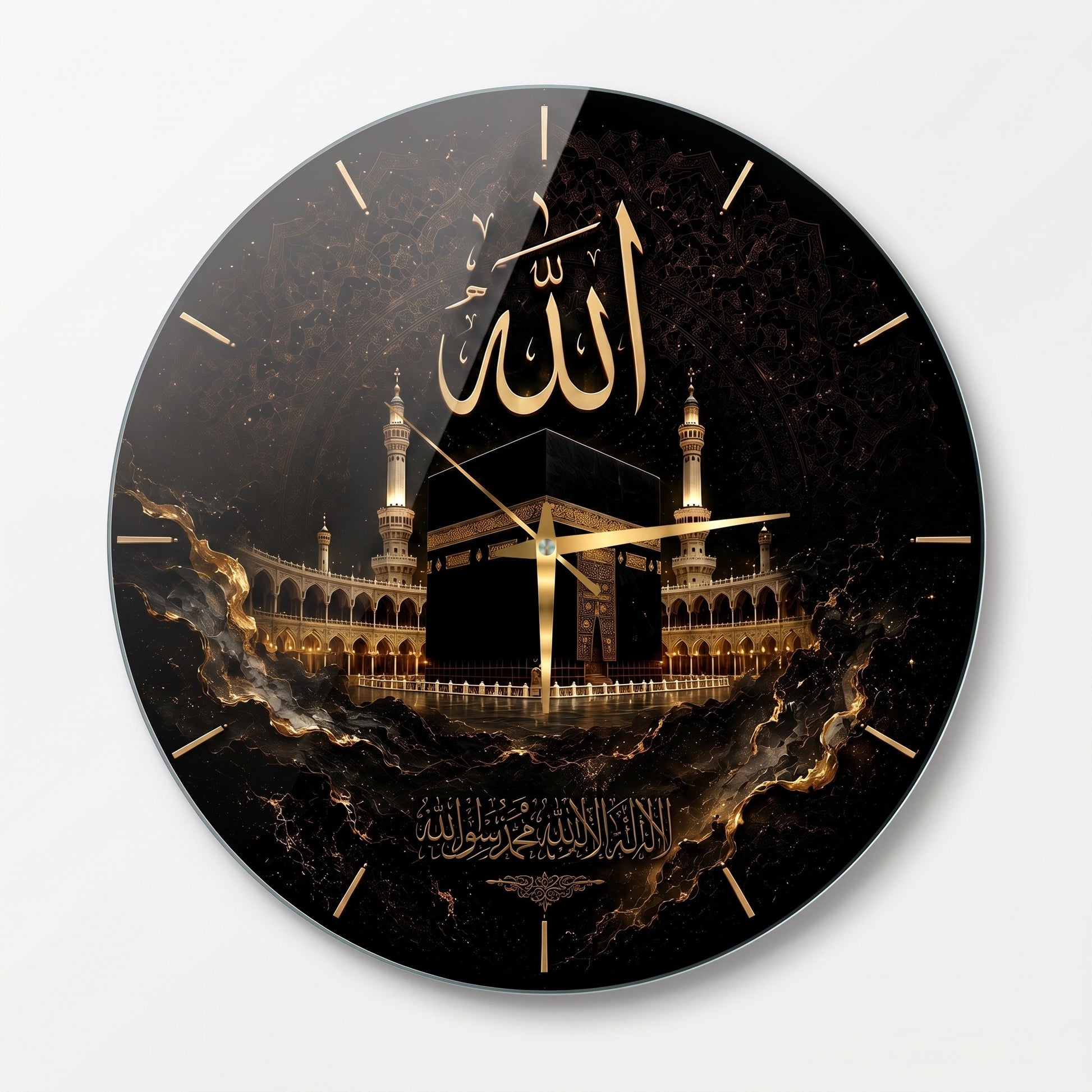 Kabe ve Allah Yazılı Siyah Altın Cam Saat